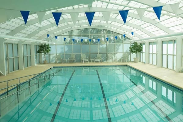 Indoor swimming pool area with a glass ceiling