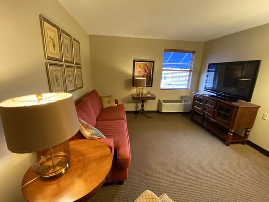 Cozy living room interior with a red couch and TV