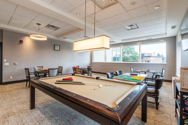 Activity room with a pool table and seating area