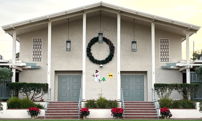Exterior view of the facility decorated for the holidays
