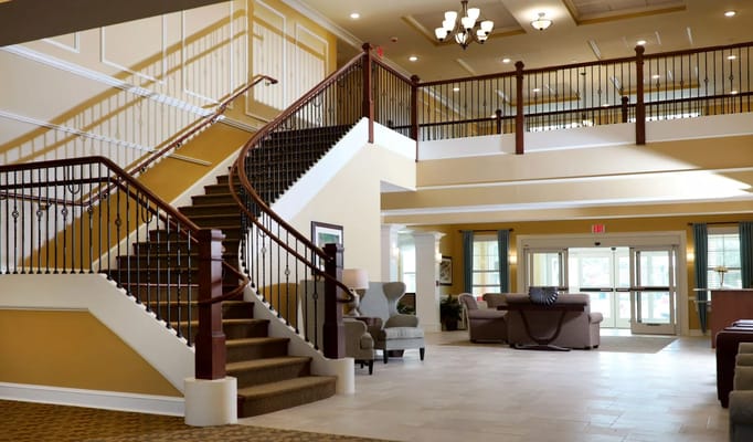 Interior view of a lobby with a staircase