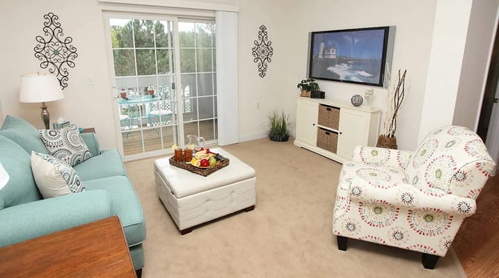 Bright living room in a retirement facility apartment