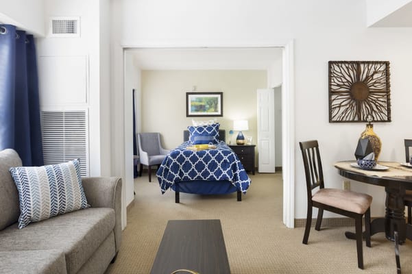 A well-decorated resident room with a cozy atmosphere