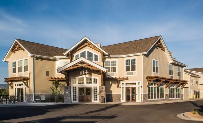 Exterior view of a modern assisted living facility