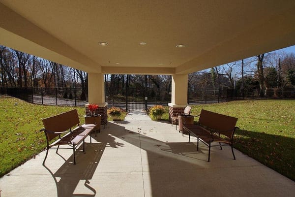 Outdoor seating area at a senior living facility