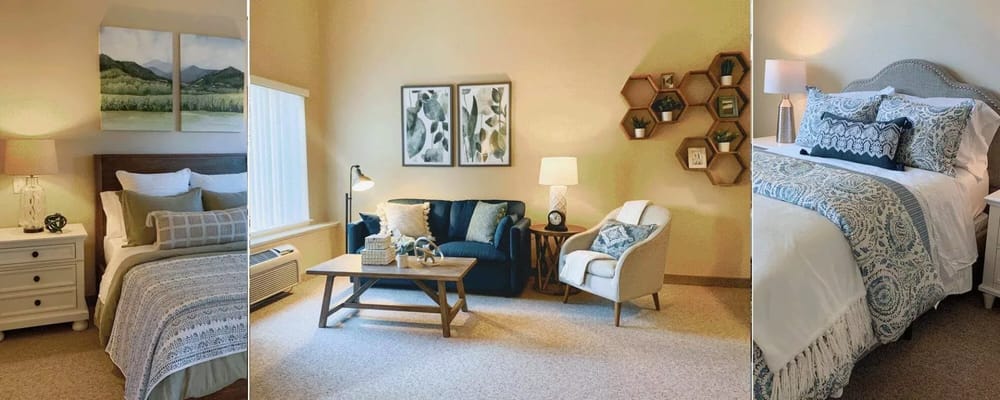 Living space featuring a bedroom with a bed, couch, and decorative elements