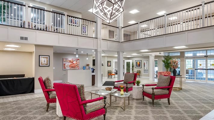 Bright common area with seating and decor