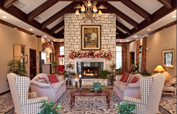 Cozy common area with comfortable seating and fireplace
