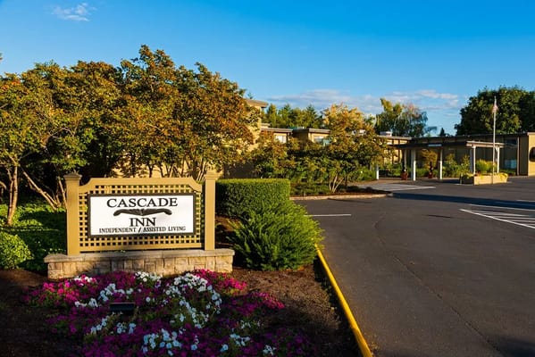 Signage and entrance of Cascade Inn senior living facility