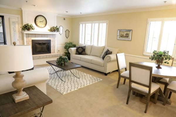 Comfortable living room with a sofa, dining table, and fireplace.