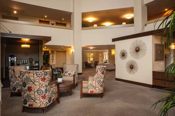 Bright lobby area with colorful seating arrangements
