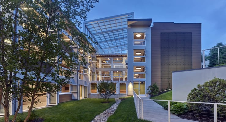 Exterior view of a modern assisted living facility