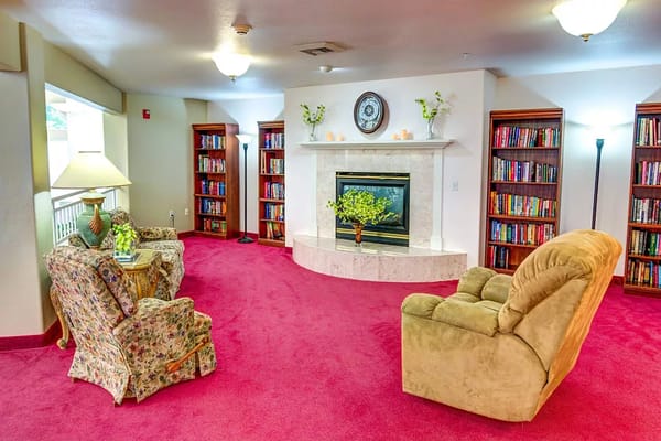Interior lounge area with bookshelves and cozy seating