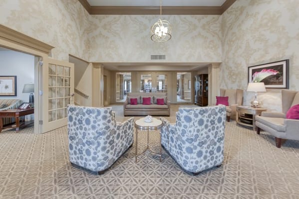 Interior view of a cozy common area with seating