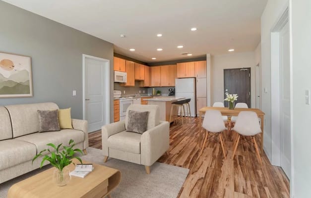 Stylish interior of a resident apartment with kitchen and living area