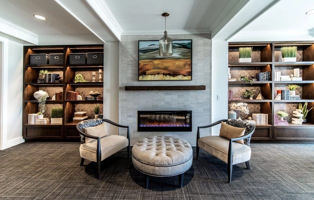 Cozy lobby area with seating and decorative elements