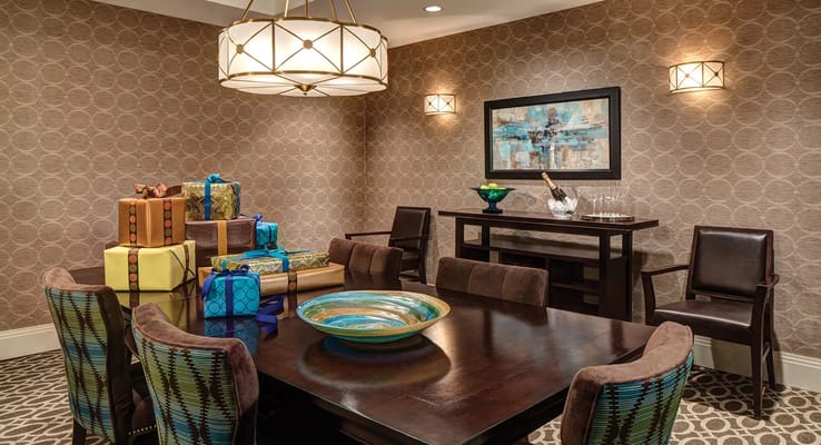 Common area decorated for a celebration with gifts