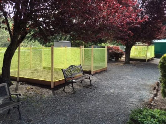 Outdoor space with benches and fenced areas