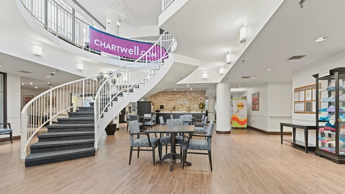 Interior view of a common area with a staircase