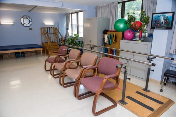 Physical therapy equipment in a bright room