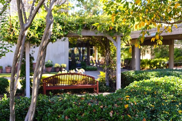 A beautiful outdoor seating area surrounded by greenery