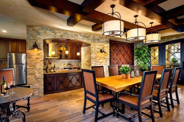 Stylish dining room with wooden table and chairs