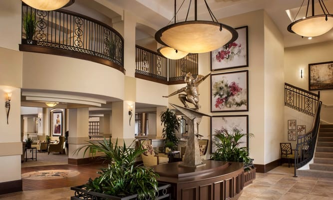 Elegant lobby with decorative elements and greenery