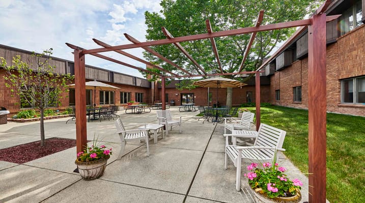 Spacious outdoor patio area with seating
