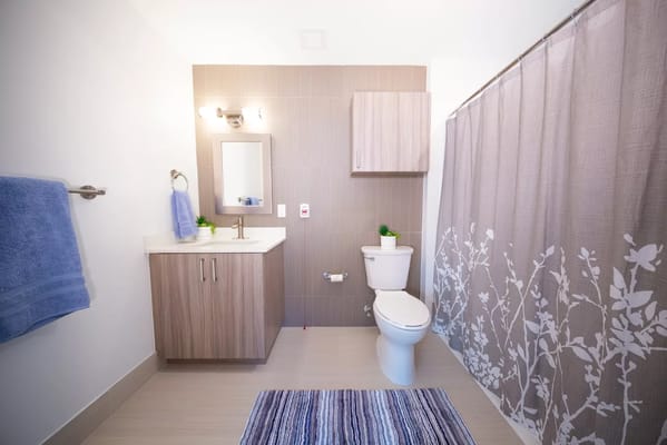 Well-lit bathroom with modern fixtures and decor