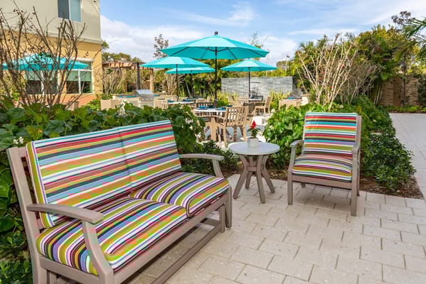 Colorful outdoor seating area with umbrellas