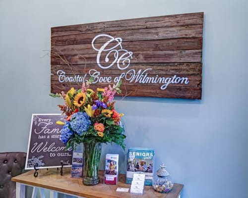 Colorful flower arrangement on a welcome table in the lobby