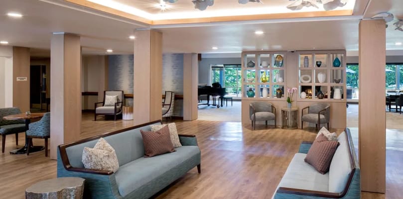 Bright and spacious common area with seating