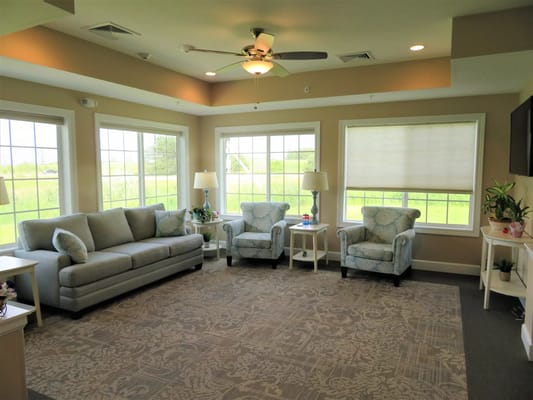 Comfortable lounge area with large windows