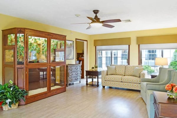 Bright common area with seating and decor
