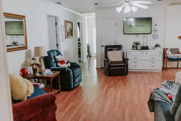 Interior view of a cozy common area with seating