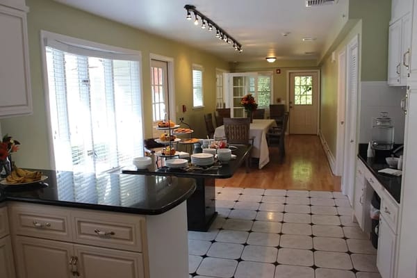 Bright dining area with food set on tables