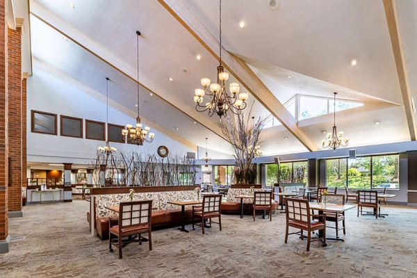Spacious lounge area with chandeliers and comfortable seating