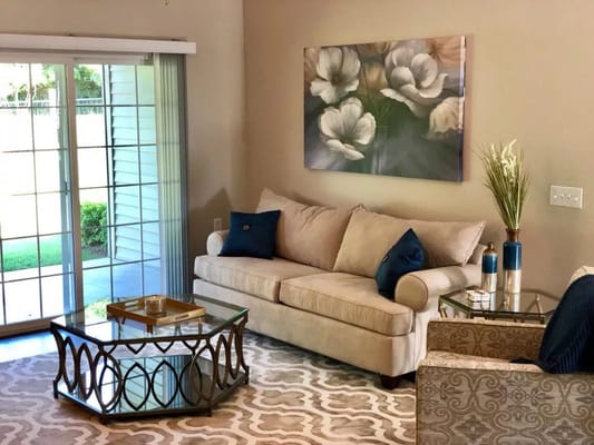 Cozy living room with a sofa and decorative elements