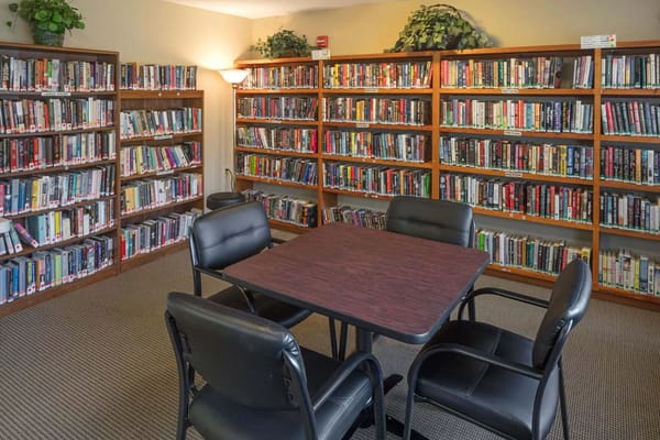 Cozy library area with bookshelves and chairs