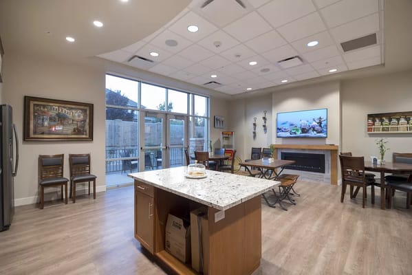 A common area featuring a kitchen counter, dining tables, and large windows.