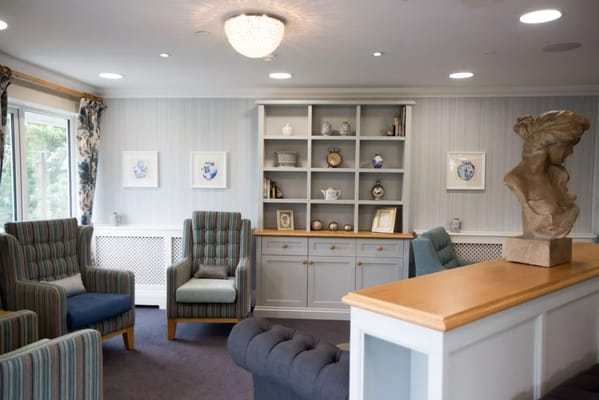 Cozy living area with armchairs and decorative shelves