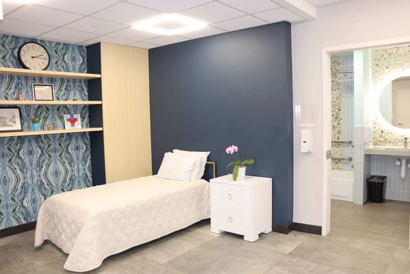 Private resident room with modern decor and amenities