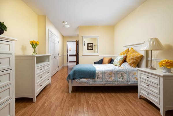 Bright bedroom with a bed, dresser, and decorative pillows