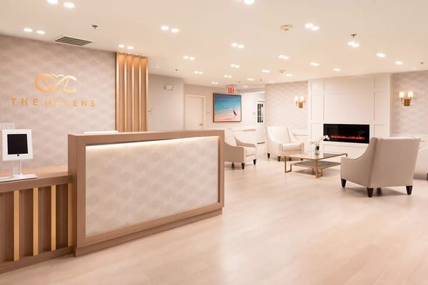 Modern lobby with seating and reception area