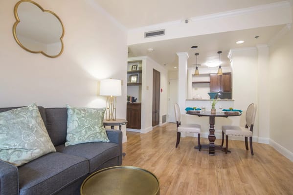 Cozy living and dining space with a sofa and table