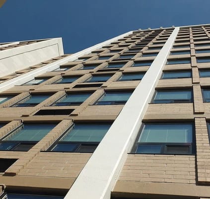 View of the Decatur Christian Towers building from below