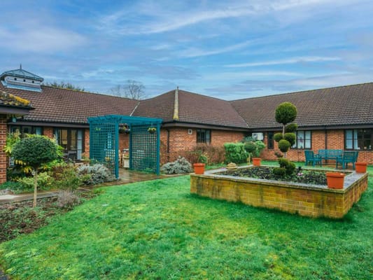 Outdoor garden area with seating and greenery