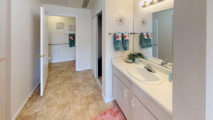 Bright, clean bathroom in assisted living facility