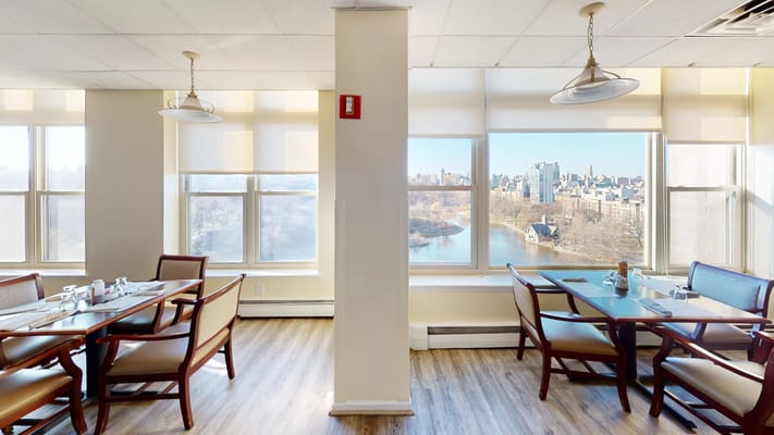 Bright dining room with views of the outdoors