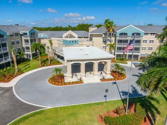 Front entrance of Discovery Village with landscaped grounds